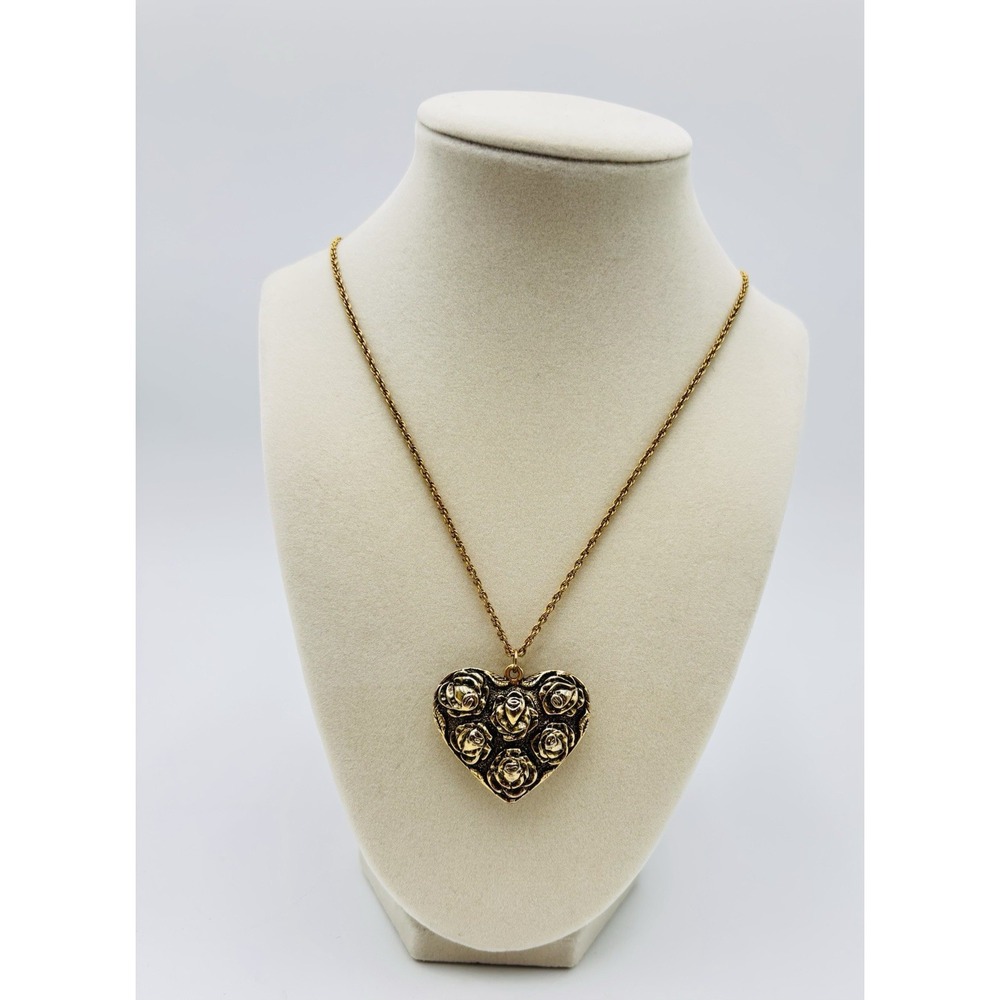 Vintage Rose Heart Pendant Necklace Gold Tone Romantic Cottagecore Floral